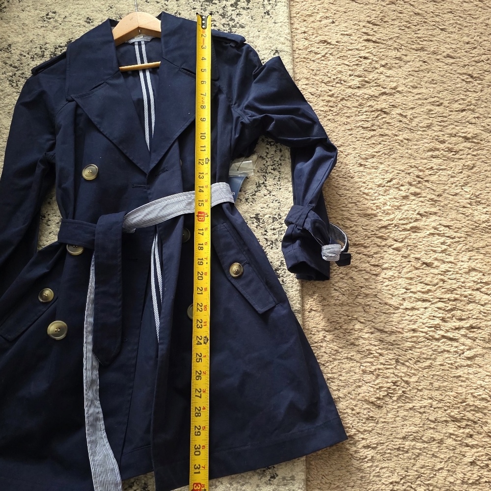 Preppy Coastal Trenchcoat Cotton Wmns S Crown&Ivy Ruffle Back Nwt Navy Academia - Picture 6 of 8